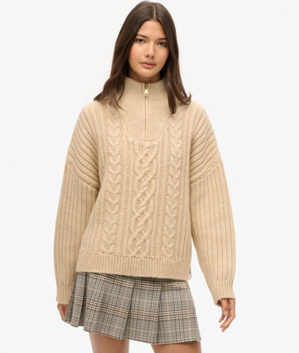Superdry Ladies Classic Checked Low Rise Pleated Mini Skirt, Beige, Size: 10