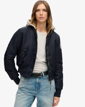 Superdry Ladies Classic Embroidered Logo Hooded Bomber Jacket, Navy Blue, Size: 8