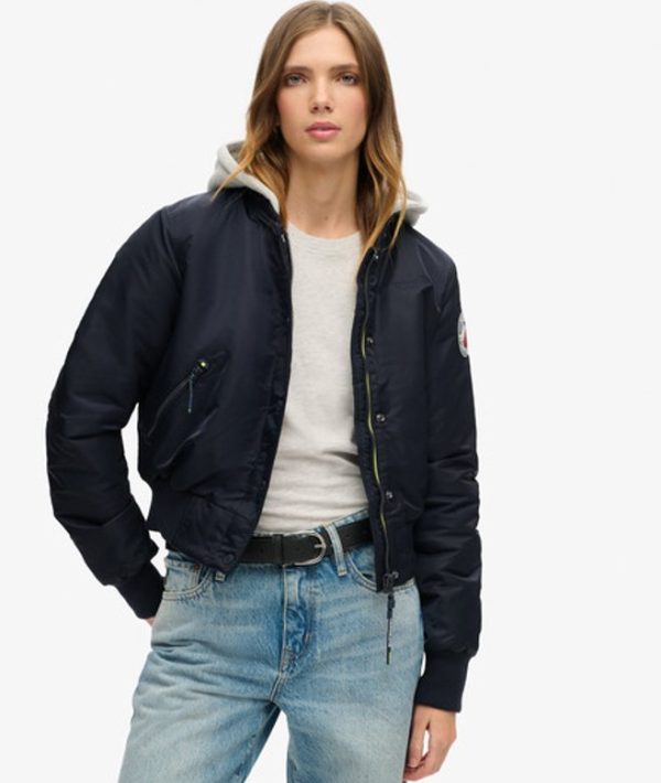 Superdry Ladies Classic Embroidered Logo Hooded Bomber Jacket, Navy Blue, Size: 8