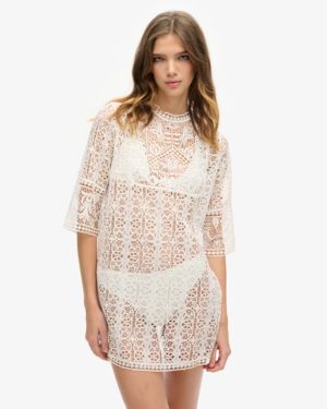 Superdry Women's Beach Cover Up Lace Mini Dress Cream / Ecru - Size: 6-8