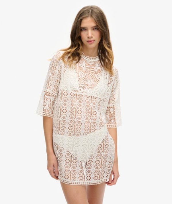 Superdry Women's Beach Cover Up Lace Mini Dress Cream / Ecru - Size: 6-8