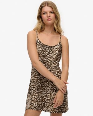 Superdry Women's Bias Cut Mini Slip Dress Brown / Diagonal Leopard - Size: 8