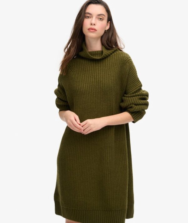 Superdry Women's Chunky Rib Knit Jumper Dress, Dark Green, Size: 10