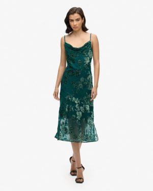 Superdry Women's Classic Floral Devore Cowl Neck Midi Slip Dress, Dark Green, Size: 10