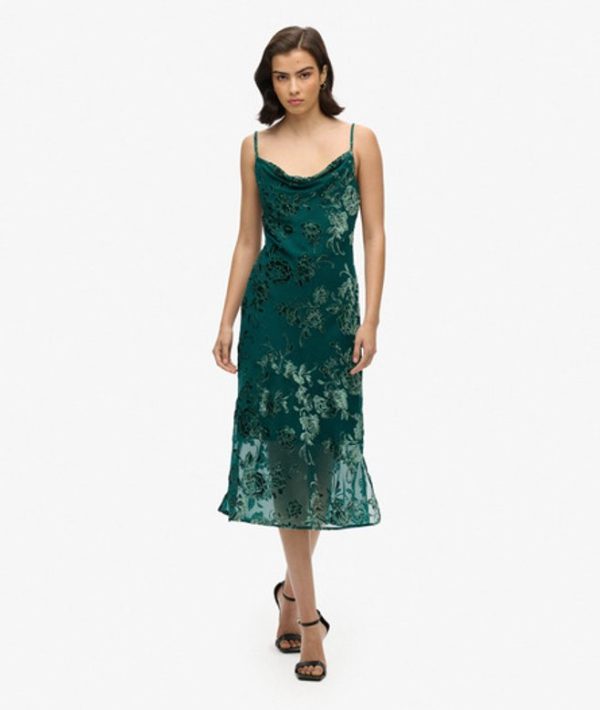 Superdry Women's Classic Floral Devore Cowl Neck Midi Slip Dress, Dark Green, Size: 10