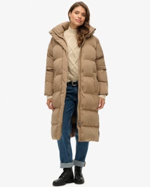 Superdry Women's Classic Longline Hooded Puffer Coat, Brown, Size: 8