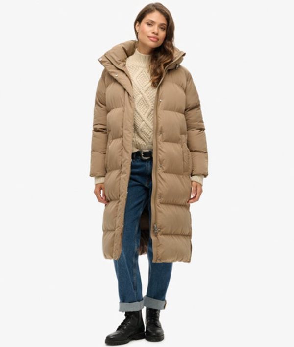Superdry Women's Classic Longline Hooded Puffer Coat, Brown, Size: 8