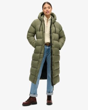 Superdry Women's Classic Quilted Rip-stop Longline Puffer Coat, Green, Size: 14