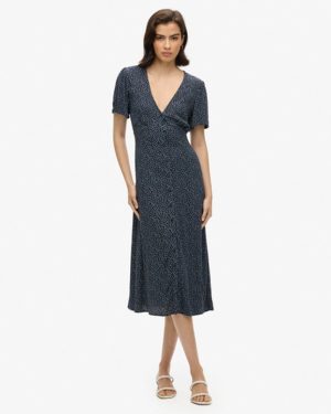 Superdry Women's Ditsy Printed Button-up Short Sleeve Midi Tea Dress, Navy, Size: 14