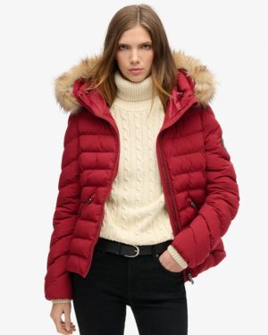 Superdry Women's Fuji Faux Fur Hooded Padded Jacket Red / Stanton Red - Size: 8