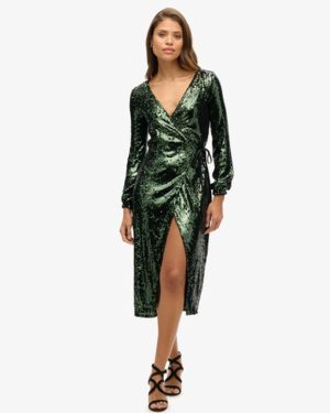 Superdry Women's Fully Lined Sequin Wrap Maxi Dress, Green, Size: 10
