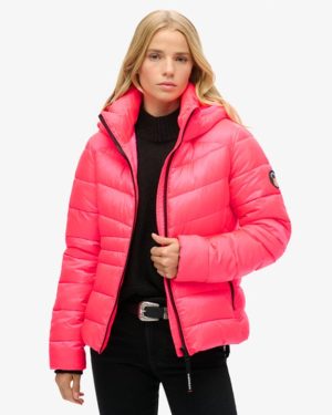 Superdry Women's Hooded Fuji Quilted Padded Jacket Pink / Hyper Fire Pink - Size: 8