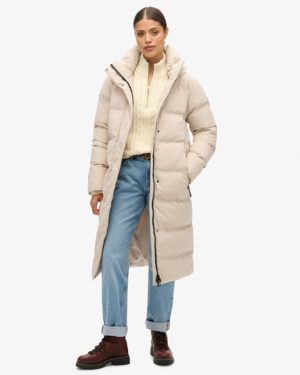 Superdry Women's Hooded Longline Puffer Coat Beige / Chateau Gray - Size: 8