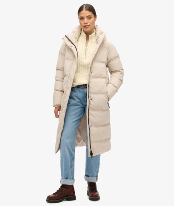 Superdry Women's Hooded Longline Puffer Coat Beige / Chateau Gray - Size: 8