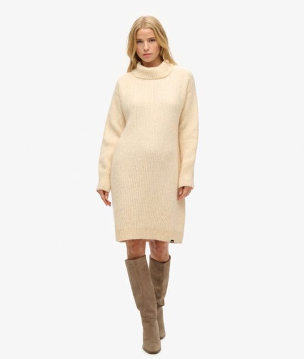 Superdry Women's Knitted Roll Neck Jumper Dress Beige / Brazilian Sand Beige - Size: 10