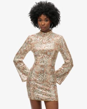 Superdry Women's Long-Sleeved Printed Mini Dress, Gold, Size: 10