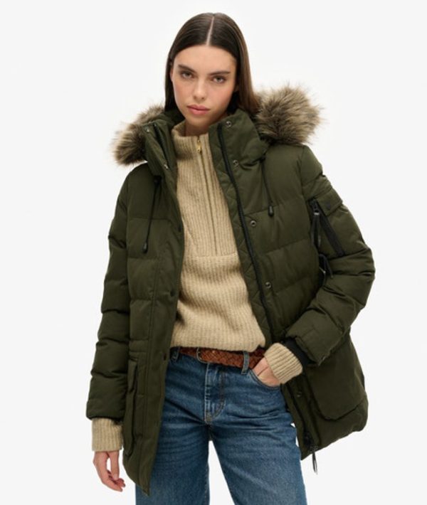 Superdry Women's Microfiber Expedition Parka Jacket Green / Surplus Goods Olive - Size: 12
