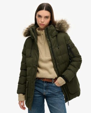 Superdry Women's Microfiber Expedition Parka Jacket Green / Surplus Goods Olive - Size: 14
