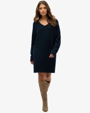 Superdry Women's Oversized V Neck Jumper Dress Navy / Dark Teal Twist - Size: 10