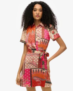 Superdry Women's Patchwork Mini Shirt Dress Pink / Savanna Patch Paisley Pink - Size: 8