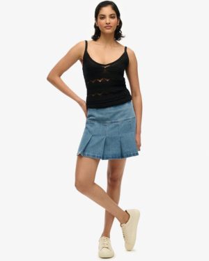 Superdry Women's Pleated Patched Mini Skirt Blue / Vintage Wash - Size: 8