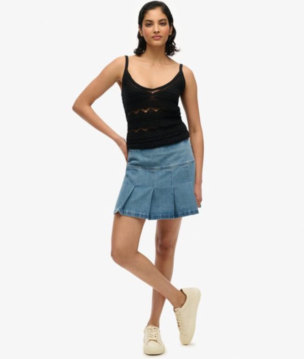Superdry Women's Pleated Patched Mini Skirt Blue / Vintage Wash - Size: 8