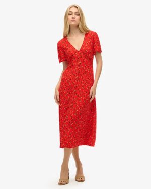 Superdry Women's Printed Button-up Short Sleeve Midi Tea Dress Red / Rosy Ditsy Red - Size: 14