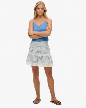 Superdry Women's Printed Lace Trim Mini Skirt Blue / Ditsy Tile Blue - Size: 16