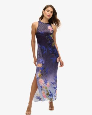 Superdry Women's Printed Satin Maxi Dress Blue / Deep Floral Japanese Shadow - Size: 16