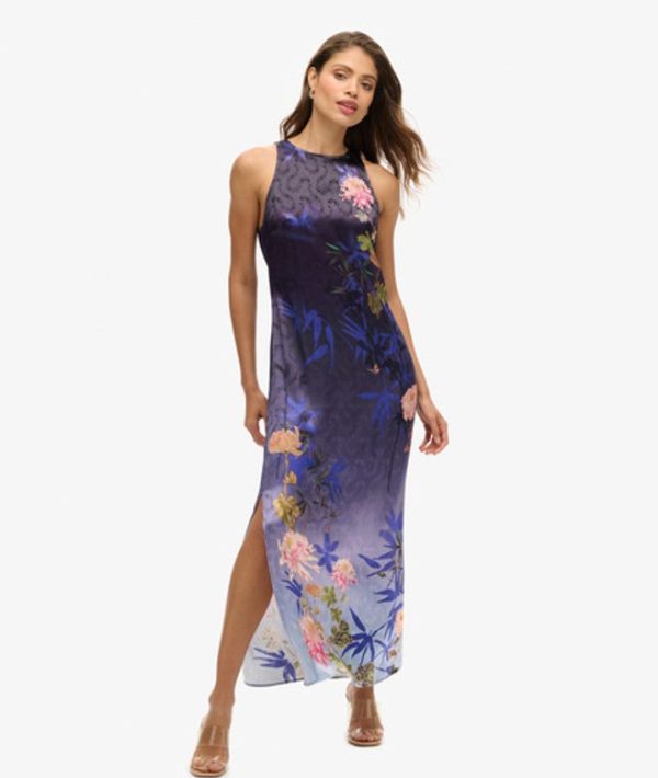 Superdry Women's Printed Satin Maxi Dress Blue / Deep Floral Japanese Shadow - Size: 16