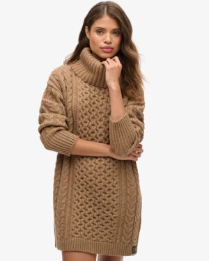 Superdry Women's Roll Neck Cable Jumper Dress Brown / Island Caramel Twist - Size: 8