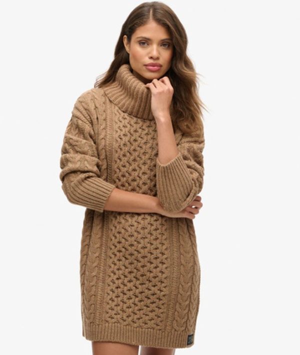 Superdry Women's Roll Neck Cable Jumper Dress Brown / Island Caramel Twist - Size: 8