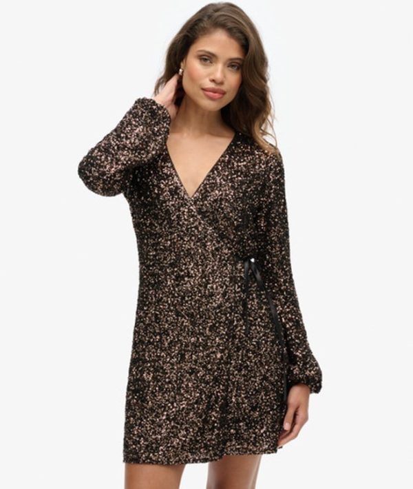 Superdry Women's Sequin Wrap Mini Dress Brown / Bronze Mega Sequin - Size: 12