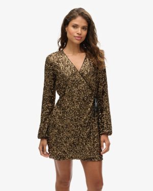 Superdry Women's Sequin Wrap Mini Dress, Gold and Black, Size: 12