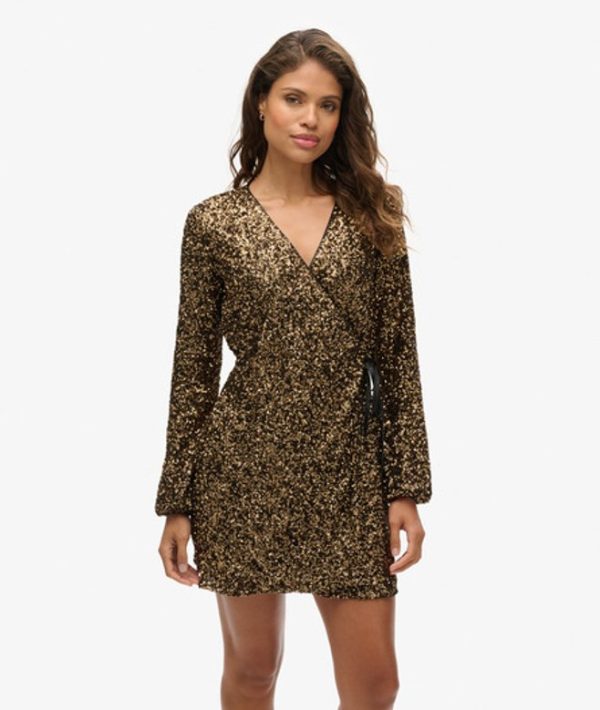 Superdry Women's Sequin Wrap Mini Dress, Gold and Black, Size: 12