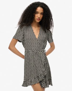 Superdry Women's Short Sleeve Printed Mini Wrap Dress Black / Ronnie Geo Mono - Size: 16