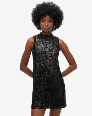 Superdry Women's Sleeveless Sequin A Line Mini Dress Black / Black Plain Sequin - Size: 10