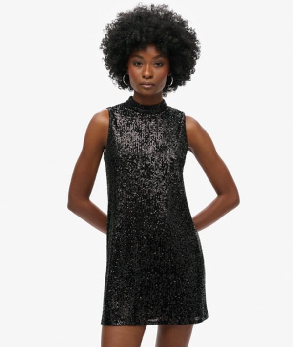 Superdry Women's Sleeveless Sequin A Line Mini Dress Black / Black Plain Sequin - Size: 10