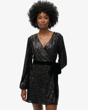 Superdry Women's Slim Fit Sequin Velvet Wrap Mini Dress, Black, Size: 8