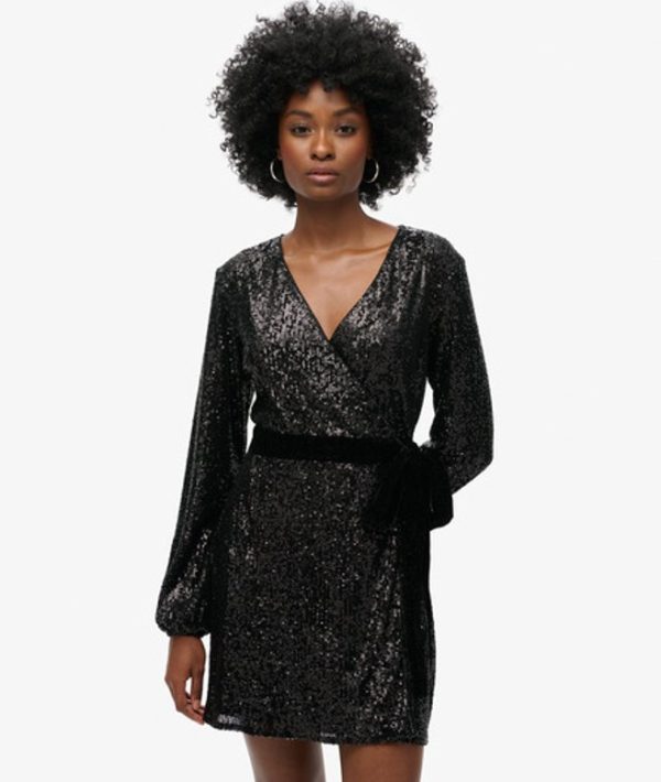 Superdry Women's Slim Fit Sequin Velvet Wrap Mini Dress, Black, Size: 8
