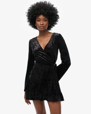 Superdry Women's Slim Fit Velvet Wrap Mini Dress, Black, Size: 10