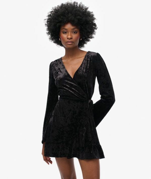 Superdry Women's Slim Fit Velvet Wrap Mini Dress, Black, Size: 10