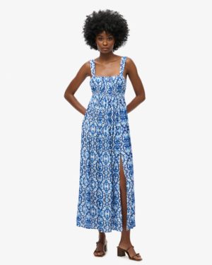 Superdry Women's Tile Print Tie Back Maxi Dress, Blue & White, Size: 14