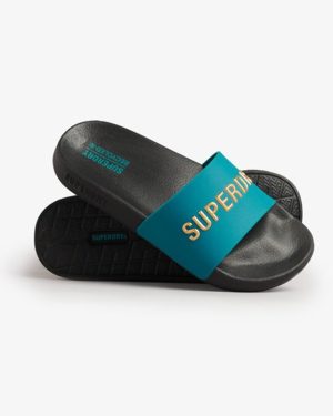 Superdry Women's Vegan Code Logo Pool Sliders Blue / Black/deep Lake Turq/metallic Gold - Size: M