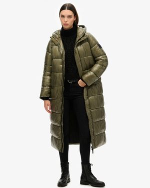 Superdry Women's Xpd Sports Longline Puffer Coat Green / Dusty Olive - Size: 16