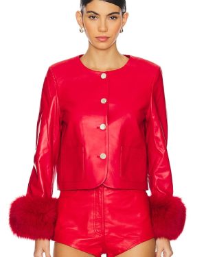 Susanna Chow Dawson Leather Jacket With Fur Trim in Red. Size M, S.