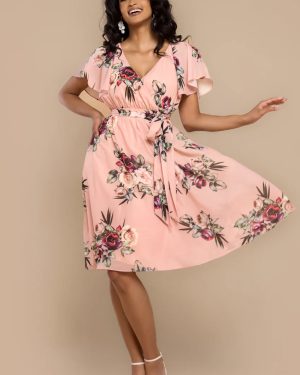 Sustainable Floral Print Midi Wrap Dress With Flutter Sleeves - Peach by Goddiva