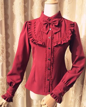 Sweet Lolita Blouse Red Long Sleeve Turndown Collar Bow Ruffled Winter Lolita Shirt
