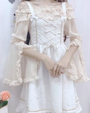 Sweet Lolita Blouses Lace Ruffles Long Sleeves Blouse Polyester Apricot Lolita Shirt