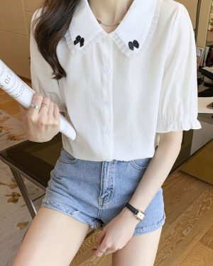 Sweet Lolita Blouses White Lolita Top Short Sleeves Bows Lace Lolita Shirt
